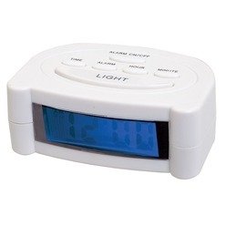 White Digital Desk Clock, features include time, alarm clock and light, white face with black dials, includes batteries