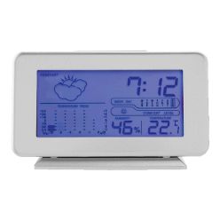 Digital plastic weather station, clock, alarm snooze button date day month temperature, humidity, weather forecast, blue black light function, batteries included