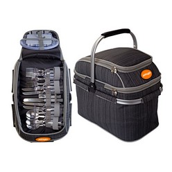Picnic basket cooler with aliminium frame, picnic cutlery and plates for 4 people in the top section, insulated cooler section at the bottom
