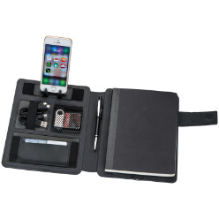 Folder with a 128 page notebook, integrated 4000mAh power bank, pen loop and several compartments.