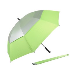 This Double Layer Windproof Fibreglass UV Golf Umbrella has the Dimensions: 102cm x 30cm x 20.5 cm, Qty Per Carton: 24 Unit, Carton Weight: 21.5KG which is available in colours from silver & lime, silver & dark blue, silver & red and silver & blue that can be customised in printing, heat transfer and sublimation
