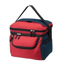 Cooler bag made from 600D fabric with a top and bottom cooler section, PVC lining, zip pocket and an adjustable shoulder strap.