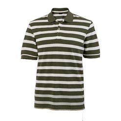 Dove golf shirt: melange striped golfer is avalable in three earthly colourways. Featured classic styling with a grown-on two button placket, slide slits,  dropped shoulders with top-stitching, and herringbone tape at the inner neckline. Features: 200g 65/35 poly cotton pique knit, melange knit rib collar and cuffs. Yarn-dyed stripe
