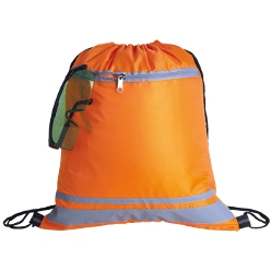 Drawstring bag with reflective accents: Large main compartment with Cinch top, Drawstring design for over the shoulder or backpack carry, Front zippered compartment, reflective safety strips, lightweight 210D Material