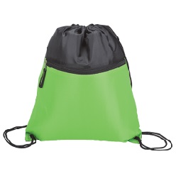 Drawstring closure, front zippered pocket, lightweight 210D, drawstring design for shoulder or backpack carry