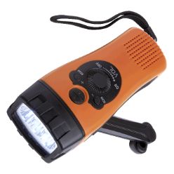 Dynamo crank, AM/FM radio functions, speaker, emergency siren, LED flash light, wrist strap