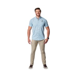 Mens short sleeve shirt. Features include a button down collar, back yoke with box pleat, left chest pocket, curved hemline, Regular fit, 110gsm, 60/40 Cotton rich