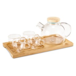 Glass Tea Pot with wooden lid and metal infuser spout, 4 glass tea cups, Includes wooden presentation board, Packaged in a box, Glass