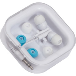 Plastic earphone set with additional earphone covers.