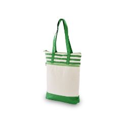 100% cotton, self fabric carry handles, front zip pocket