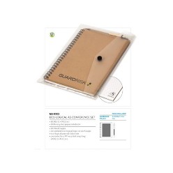 A reliable notebook ideal for daily use. made from 100% recycled paper with pre-printed eco-logical logo on each page. Spiral bound. Includes eco-logical pen with black ink. 60 lined pages. Presented in a PP recycled snap bag Snap bag 24.8 ( l ) x 17.2 ( w ). Notebook 20.95 ( l ) x 14.6 ( w )