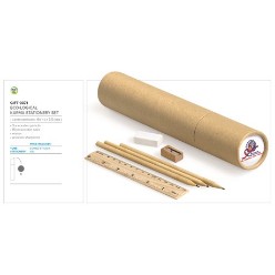 cardboard tube19 (h) x 3.5 (dia) eraser, wooden sharpener, 15cm wood ruler, 3 x wooden pencils, Eco Logical Corporate A6 Mini Notepad, Easy to carry spiral bound A6 notepad that is totally relevant to your jet setting lifestyle. Carry it around to pen down your thoughts on the go. The 72 unlined sheets could be used for doodling by the creatives as well. Do your bit for the environment by branding this notepad made of 100% recycled paper for your employees. A sleek eco-logical pen with black ink....
