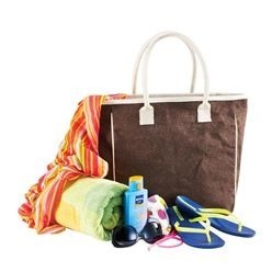 Zippered tote bag made from natural Jute material with comfortable cotton webbing rope handles. Contents not included