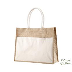 Made from laminated Jute, with a canvas pocket & cotton cord handles