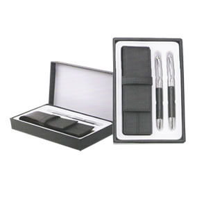 Twist action metal Ballpen & Pencil set, stitched black leather barrel, chrome cap and trims, Parker type refill - black ink, supplied in black PU 2-pen pouch