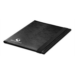 koskin, pocket, business card / ID holder, pen loop, writing pad included Elasticity Promotional Folder, Entice your customers with the dashing black Elasticity A4 folder. The matt finish case, secured with a stylish coloured elastic wrap, makes it a compact must have for the pros. The A4 folder holds a nice pocket, a writing pad with a pen loop, just making it a darling for the corporate gifting purposes.