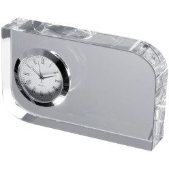 Elegant glass desk clock with large branding area. packed in a blue gift box with satin inlay 