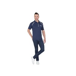 150 gm², 100% micro polyester textured knit, self-fabric collar, contrast colour neck tape, three button placket with contrast outer placket detail, tone-on-tone logo buttons, side slits with contrast inner tape, heat transfer main label / contrast piping