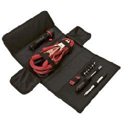 Emergency Car Kit consisting of LED torch, 10 gauge, 200amp battery jumper cables, 6 piece socket set, driver handle, aluminium tyre gauge, 6 Phillips screwdriver bits, all in a black, durable 600D Carry case with red contrast stitching