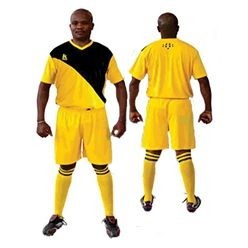 Soccer set including shorts, tops and socks and a goalie kit, V-neck style