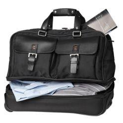 Black 1680 Refined Nylon Trolley Bag with zippered bottom compartment, 2 front buckled pockets, carry handles, zippered top compartment, telescopic handle, trolley wheels