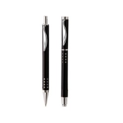 Push Button Metal Ball pen & Pencil Set, Refill, Black Ink Supplied in an Oval Metal Box