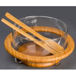 Glass bowl in a stand made from sustainable eco-friendly bamboo, with bamboo servers
