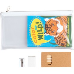A6 activity book, 6 coloured pencils, sharpener and eraser in a PVC zippered bag