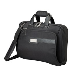 Laptop bag made from 1680D fabric, metal zip pullers, leatherette handle, padded laptop divider, detachable padded shoulder strap, metal plaque and stationary slots.