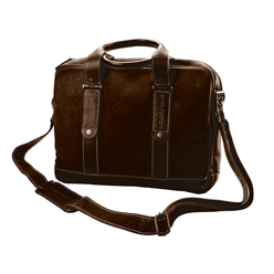 Genuine leather with contrast leather trim, padded shoulder strap, fully lined, adjustable table sling, top zip closure, sturdy handles