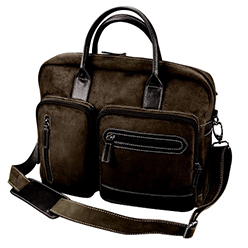 Genuine leather with contrast leather trim, padded shoulder strap, fully lined, adjustable table sling, sturdy handles, zipped front pocket