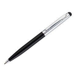 Metal pen with soft rubber stylus for use with touch screen devices, packaged in a black or white presentation box respectively