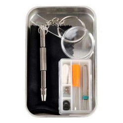 This handy tin kit features everything you need for a quick eyeglass repair. Contents include: 1 Flat head screwdriver, 1 pair of tweezers, 2 nose pads, 2 Frame grips, 4 Screws, 1 Magnifying glass, 1 Philips-head screwdriver, 1 Microfiber cloth.