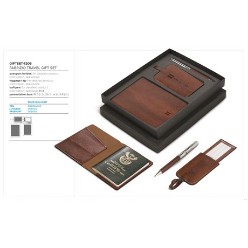 passport holder, a ball pen and  a card holder included in a black box in the brown finish design.