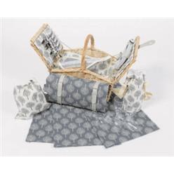 Natural wicker basket with cooler bag zip-style inside basket, lined with a dark grey contemporary tree design fabric which is two-toned and alternated amongst accessories included in this basket. Included are 5 white melamine plates, 5 plastic wine glasses, 5 knives and forks and spoons, 1 bottle opener, and salt and pepper shaker. Cutlery and crockery are neatly strapped with leather-look straps. Table cloth, wine bottle bag and drawstring bag all in the same matching dark grey and cream tree ....