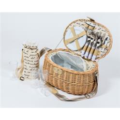 Natural wicker round basket with cooler bag zip-style inside basket, lined with cream romantic French-look fabric. Included are 4 white melamine plates and 4 plastic wine glasses, 4 knives and forks and spoons, 1 bottle opener, and salt and pepper shaker. Cutlery and crockery are strapped with leather-look straps. Good quality long adjustable shoulder strap to carry basket. Included with this basket is a wine bottle bag in the same fabric.