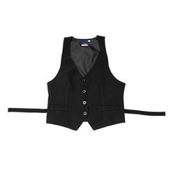 Polyester, Viscose, Spandex ladies waistcoat. Features include: fully lined, four button front, tailored construction, flattering fit, front mock pockets, back tie.
