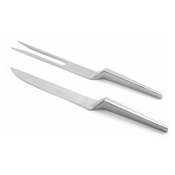 Polished stainless steel carving knife and fork set, modern design