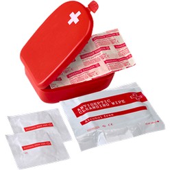 First Aid Kit in plastic case, features: first aid kit packaged in a plastic case, 2 alcohol prep pad, 1 antiseptic cleansing wipe, 2 bandages