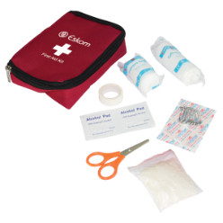 600D contents blunt nose scissors,safety pins,bandage adhesive strips,conforming bandage 7.5 x4m (x2),alcohol pads(x2) latex gloves