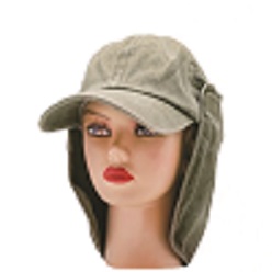 Stone washed fabric, 4 needle stitch twill sweatband, sip pockets on both sides of cap with self fabric Velcro strap and removable neck protection flap