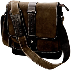 Genuine leather with contrast leather trim, padded shoulder strap, fully lined, adjustable sling, inside top zip compartment