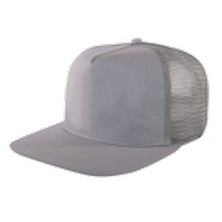 Flat Peak mesh back cap, mesh back trucker cap, cotton twill front, poly-snap back strap, 4 needle stitch twill sweatband