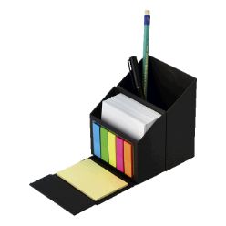 Pen holder, 300 white memo pages, 25 yellow sticky notes, 25 colored sticky notes, flip open design