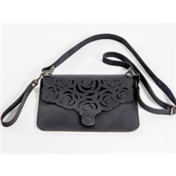 Flower design black genuine leather cluth handbag