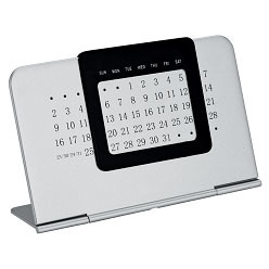 Perpetual calendar that folds flat, with black slider and matt silver finish. Delivers flat and fits in standard envelope for easy mailing