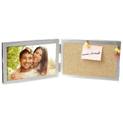 Brushed Aluminium Photo Frame with foldable design, push pins and cork pin board, holds 10 x 15cm photo