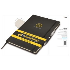 A useful promotional gift, sure to be used and appreciated by your clients. Features hard cover, 80 lined pages, elastic closure, book mark and pen loop. Excludes pen, Vinyl PVC