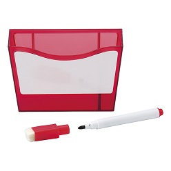 Plastic container with magnet backing, white board front and white board marker