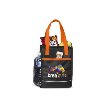 600D with PEVA lining. Bright and trendy. Comes in 6 assorted colours. Main zippered compartment with silver PEVA lining. Front slip pocket with colour trim. Side mesh water bottle pocket. Small I.D window at the back of cooler. Colour accented double carry handles.